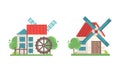 Set of Old Stone Mills, Ancient Windmill Rural Buildings Cartoon Vector Illustration