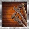 Set of Old Tools on Wood Panel Royalty Free Stock Photo