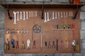 Tools on wooden background in workshop