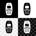 Set Old vintage keypad mobile phone icon isolated on black and white, transparent background. Retro cellphone device Royalty Free Stock Photo