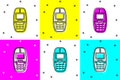 Set Old vintage keypad mobile phone icon isolated on color background. Retro cellphone device. Vintage 90s mobile phone Royalty Free Stock Photo