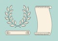 Set of old vintage ribbon banner and laurel wreath in engraving style. Hand drawn design element. Vector illustration. Royalty Free Stock Photo