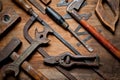 A set of old vintage tools of the last century extracted from a chest in the workshop of grandfather. Background for craftsmanship Royalty Free Stock Photo
