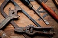 A set of old vintage tools of the last century extracted from a chest in the workshop of grandfather. Background for craftsmanship Royalty Free Stock Photo