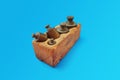 A set of an old vintage traditional scale weights contained in a light brown wooden container Royalty Free Stock Photo