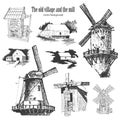 Set old windmill village house. Vector sketches