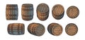 Set of old wooden barrels in different positions. Vintage vector illustration. Royalty Free Stock Photo
