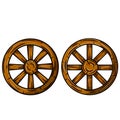 Set of old wooden cart wheels. Brown Detail of wagon with cracks