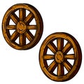 Set of old wooden cart wheels. Brown Detail of wagon with cracks. A village vehicle in the wild West