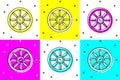 Set Old wooden wheel icon isolated on color background. Vector Royalty Free Stock Photo