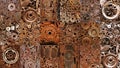 Set of old worn, rough mechanical gears made of rusty metal. Design minimalism. Iron composition. Retro style. Stylish top and