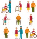 Set of Older People Disabled. Elderly People in Different Situations with Caregivers