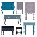 Set of olds vintage bedside table, commodes. Collection of retro interior furniture. Vector illustration in flat style