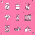 Set Olives in can, Sangria pitcher, Fan flamenco, Windmill, Dali museum, and Churros and chocolate icon. Vector