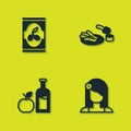 Set Olives in can, Spanish woman, Apple cider bottle and Churros and chocolate icon. Vector