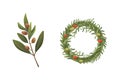 Set olives fruit. Olive branch and rosemary wreath vector illustration in cartoon style.