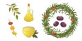 Set olives fruit. Olive oil bottle, tree branch, and rosemary wreath vector illustration in cartoon style. Royalty Free Stock Photo