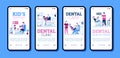 Set of onboarding pages for dental clinic, cartoon vector illustration. Oral hygiene medicine and dentistry mobile app