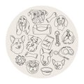 Set of one continuous line drawing dogs with toys and accessories vector circle isolated on a white background. Single Royalty Free Stock Photo