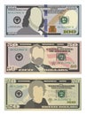 Set of one hundred dollars, fifty dollars and twenty dollar bills in new design Royalty Free Stock Photo