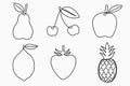 Set of one line drawing fruits. Continuous line fruit - pear, apple, cherry, lemon, strawberry and pineapple. Royalty Free Stock Photo