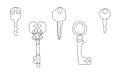 Set of 5 one line key drawings. Continuous line art of antique old keys for real estate. Isolated antique hotel room key Royalty Free Stock Photo