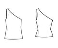 Set of One-shoulder tops tank technical fashion illustration with oversized and fitted body, tunic length hem.