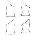 Set of One-shoulder tops tank technical fashion illustration with oversized and fitted body, tunic length hem.