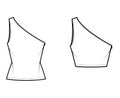 Set of One-shoulder tops tank technical fashion illustration with oversized and fitted body, tunic and waist length hem.