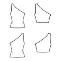 Set of One-shoulder tops tank technical fashion illustration with oversized and fitted body, tunic and waist length hem.