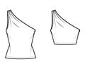 Set of One-shoulder tops tank technical fashion illustration with ruching, fitted body, tunic and waist length hem.