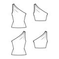 Set of One-shoulder tops tank technical fashion illustration with ruching, fitted body, tunic and waist length hem.