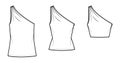 Set of One-shoulder tops tank technical fashion illustration with ruching, fitted and oversize body, tunic, waist length