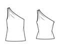 Set of One-shoulder tops tank technical fashion illustration with ruching, fitted and oversized body, tunic length hem.