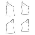 Set of One-shoulder tops tank technical fashion illustration with ruching, fitted and oversized body, tunic length hem.
