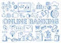 Set of online banking icons in doodles style Royalty Free Stock Photo