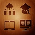 Set Online book on monitor, Cloud or online library, Laptop and Graduation cap on globe on wooden background. Vector