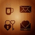 Set Online dating app and chat, Coffee cup with 8 March, Castle and key in heart shape and Envelope with 8 March on Royalty Free Stock Photo