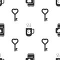 Set Online dating app and chat, Coffee cup with 8 March and Key in heart shape on seamless pattern. Vector