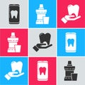 Set Online dental care, Mouthwash plastic bottle and Tooth icon. Vector Royalty Free Stock Photo