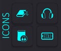 Set Online education, book, Headphones and Audio icon. Black square button. Vector Royalty Free Stock Photo