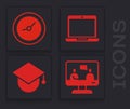 Set Online education, Clock, Laptop and Graduation cap on globe icon. Vector