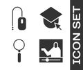 Set Online education, Computer mouse, Magnifying glass and Graduation cap on globe icon. Vector Royalty Free Stock Photo