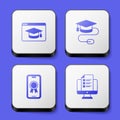 Set Online education, Graduation cap with mouse, diploma and quiz, test, survey icon. White square button. Vector Royalty Free Stock Photo