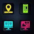 Set Online education, Location, Online book on monitor and Online book on mobile. Black square button. Vector