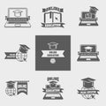 Set of online education logos, labels, signs or badges templates with laptop, book, globe