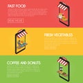 Set online food ordering banners. Shipping and buying fastfood, drinks, fresh products. Isometric facade of the store