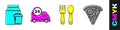 Set Online ordering and delivery, Fast delivery by car, Fork and spoon and Slice of pizza icon. Vector