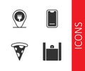 Set Online ordering food, Cafe and restaurant location, Slice of pizza and Food mobile icon. Vector