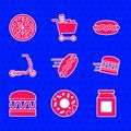 Set Online ordering hotdog, Donut, and delivery, burger, Burger, Scooter, Hotdog sandwich and Pizza icon. Vector